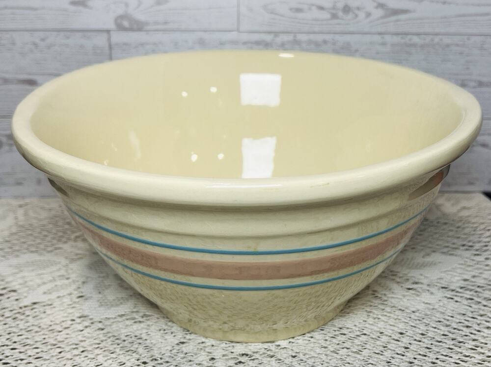 Vtg MCM McCoy Ovenware Yellow Ware Mixing Bowl Pink & Blue Stripes Large 10”